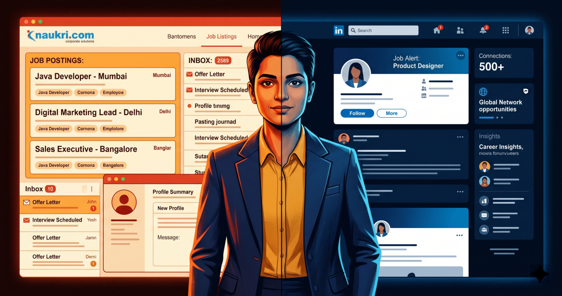 cinematic split-screen illustration for a career blog