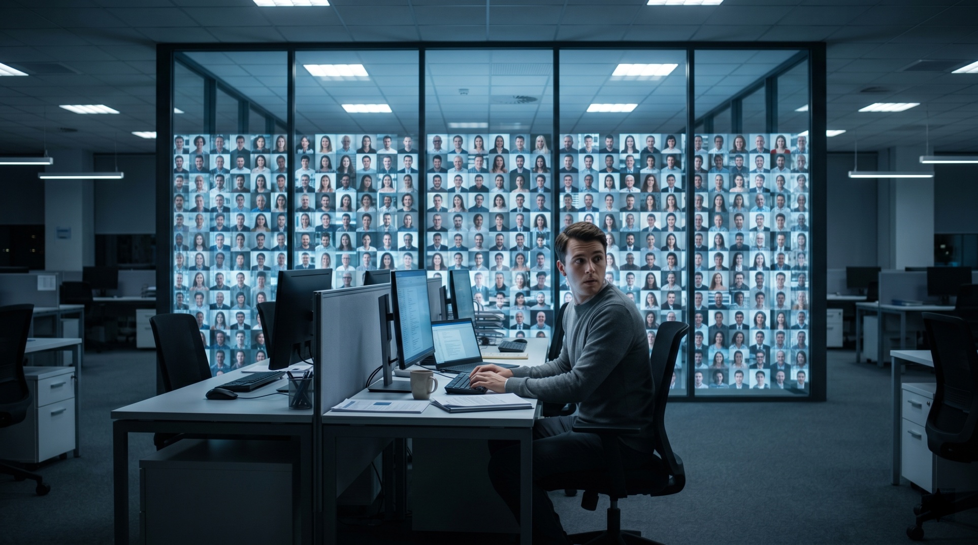 single employee sits at a desk