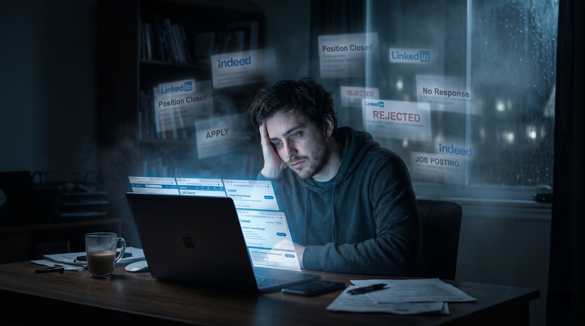 tired young professional sitting alone in a dark room at night